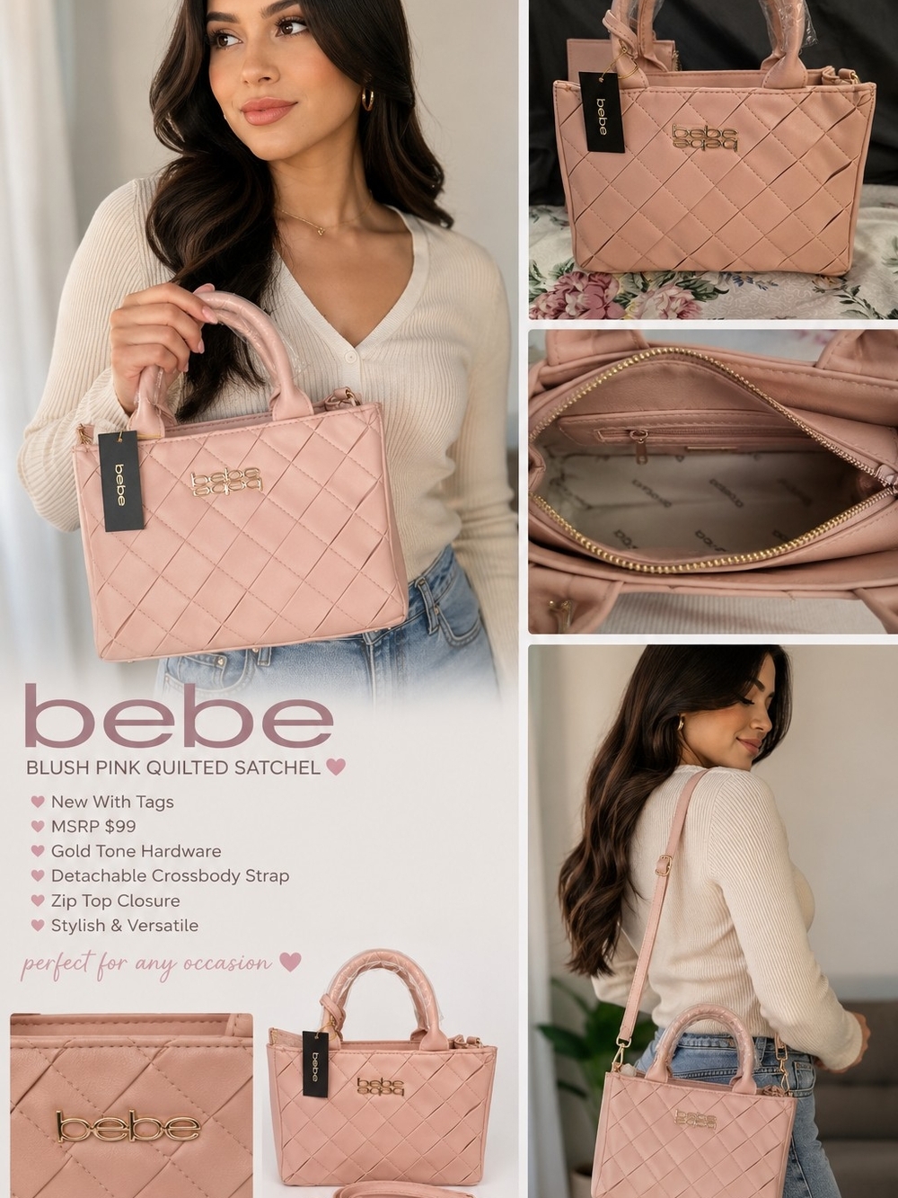 bebe Blush Pink Quilted Satchel with Detachable Strap